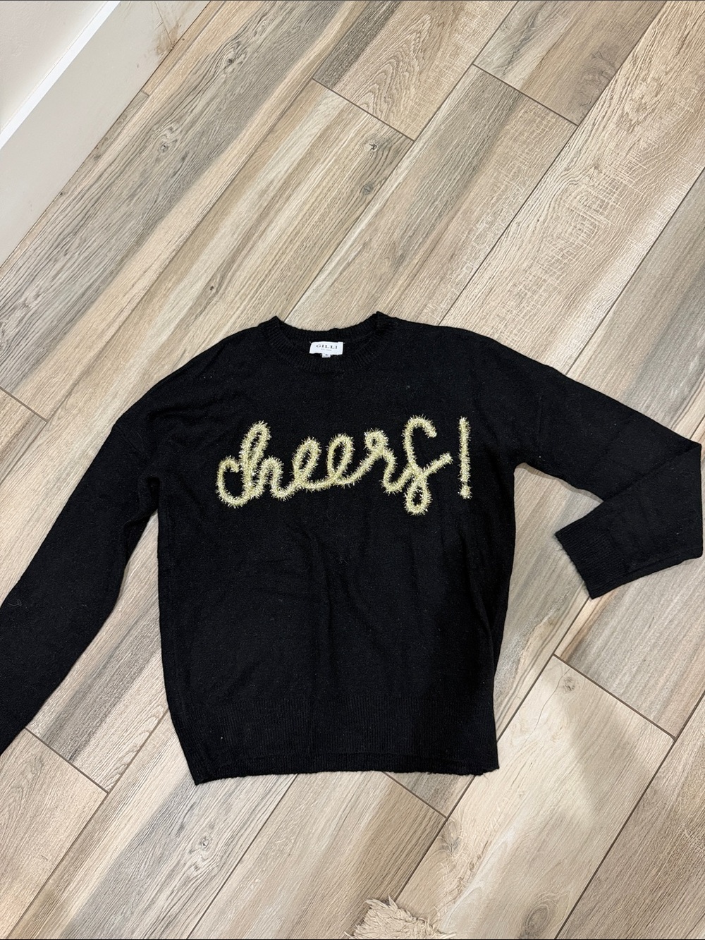 Gilli Black Crewneck Sweater with Gold "cheers!" Script